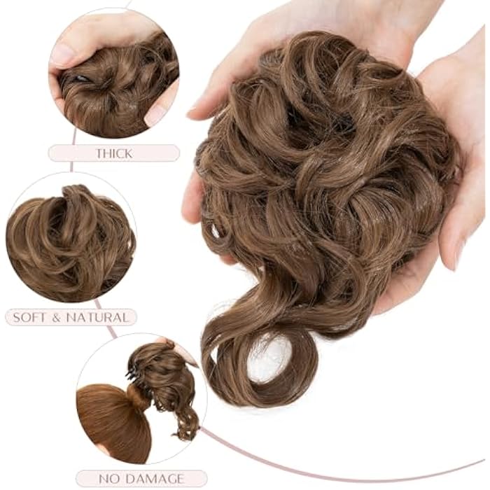 SEGO Claw Messy Bun Hairpieces Wavy Curly 75G Thick Hair Chignon Tousled Updo Doughnut Hair Bun Synthetic Ponytail, Ash Brown - Image 2